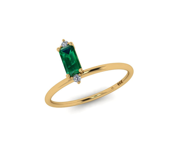 14 KT Gold Minimal Baguette Emerald And Diamond Ring