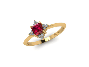 Four-Stone Square Ruby And Diamond 14 KT Gold Ring