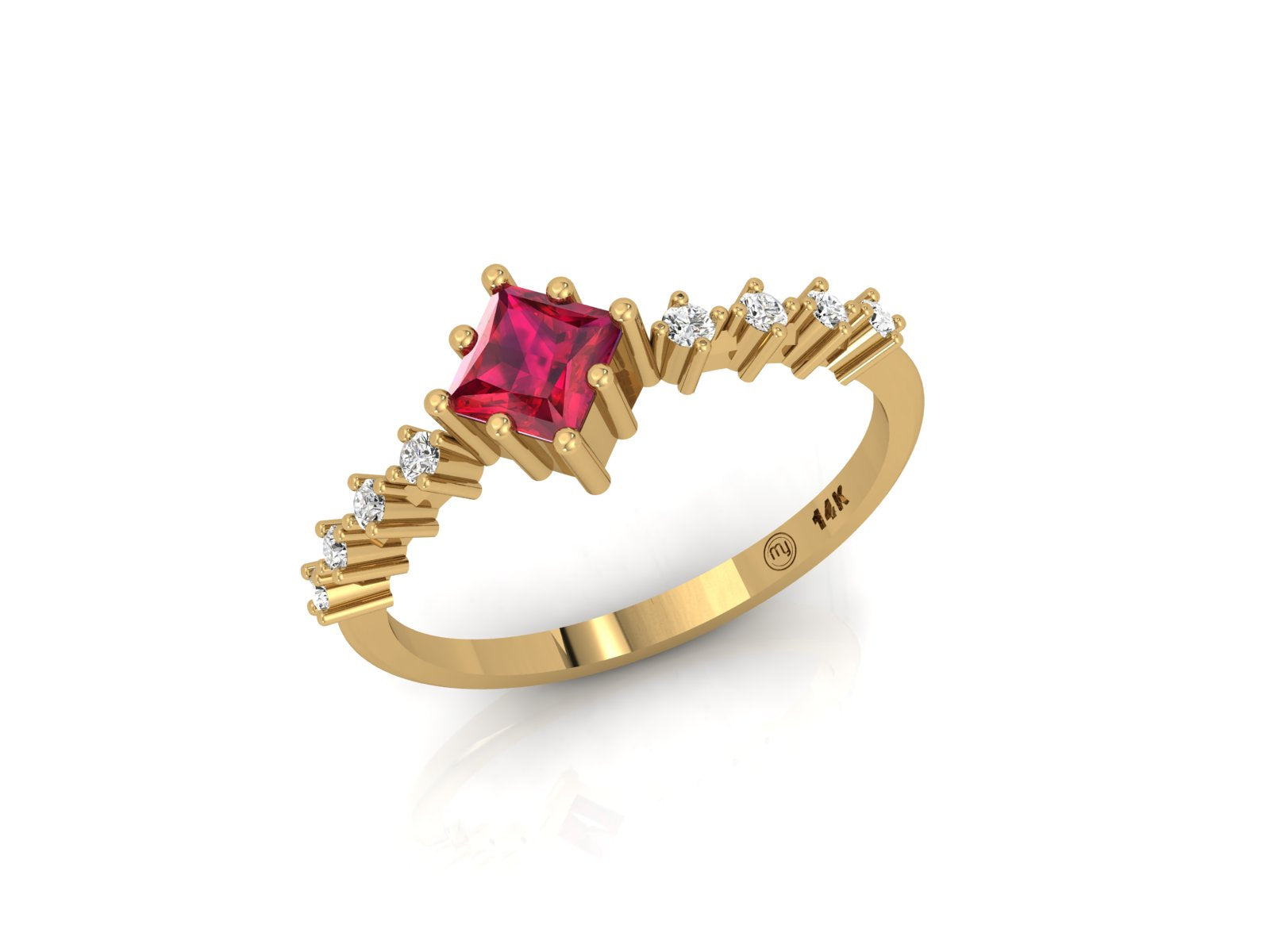 Princess Ruby And Diamond 14 KT Gold Ring