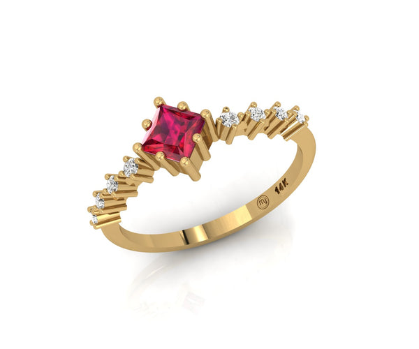 14 KT Gold Princess Ruby And Diamond Ring