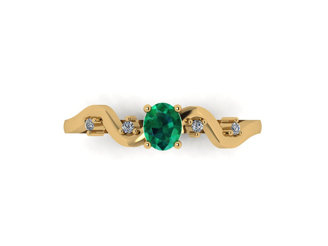 Wave Oval Emerald and Diamond 14 KT Gold Ring