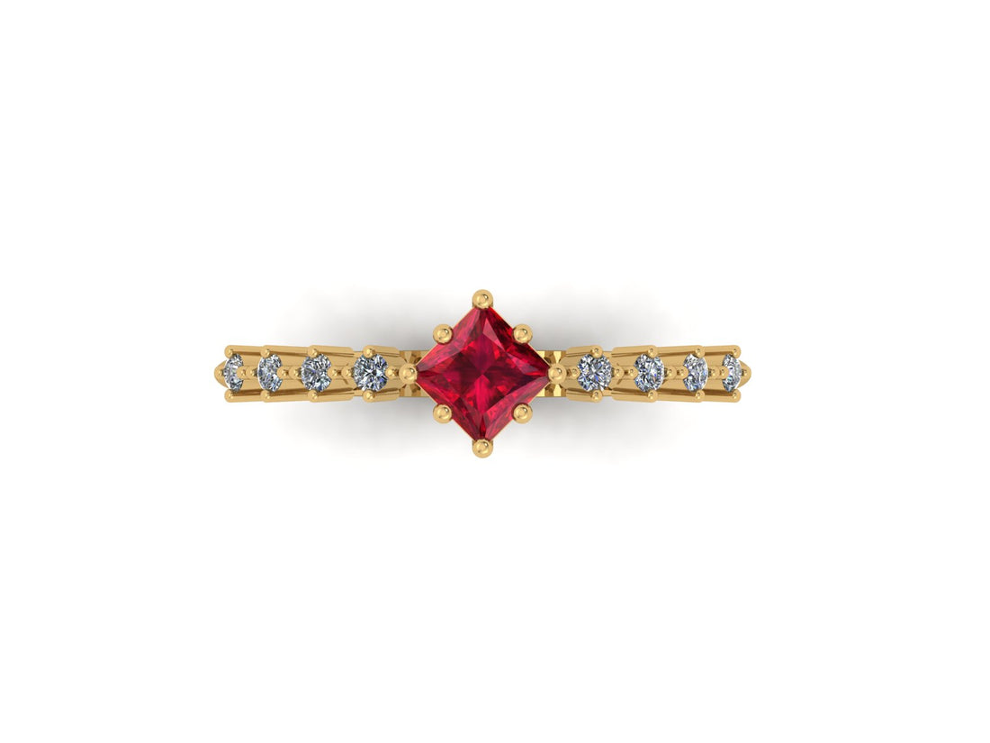 Princess Ruby And Diamond 14 KT Gold Ring