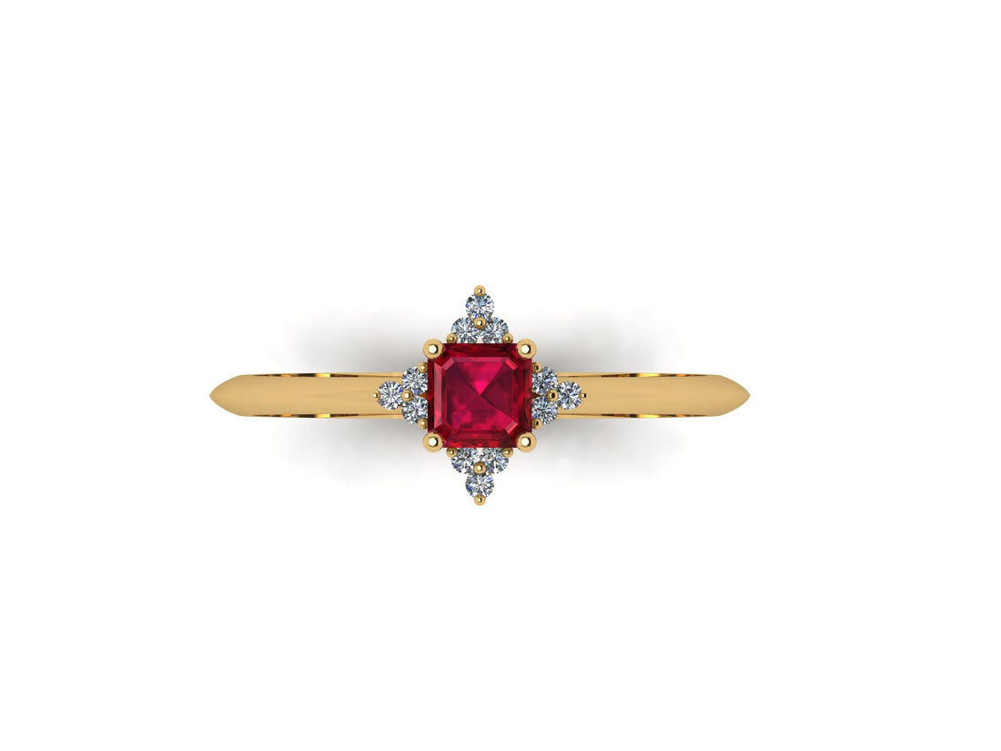 Four-Stone Square Ruby And Diamond 14 KT Gold Ring