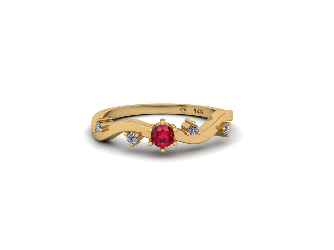 Wave Round Ruby and Diamond 14 KT Gold Ring